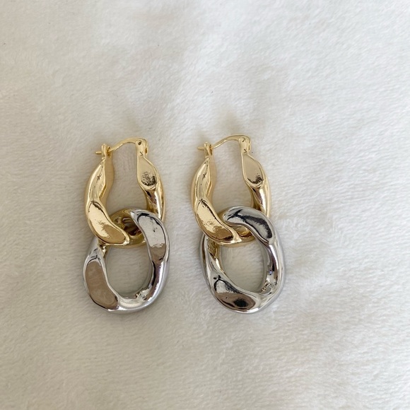 Gold and Silver Chain Link Drop Statement earrings two tone New - Picture 5 of 5